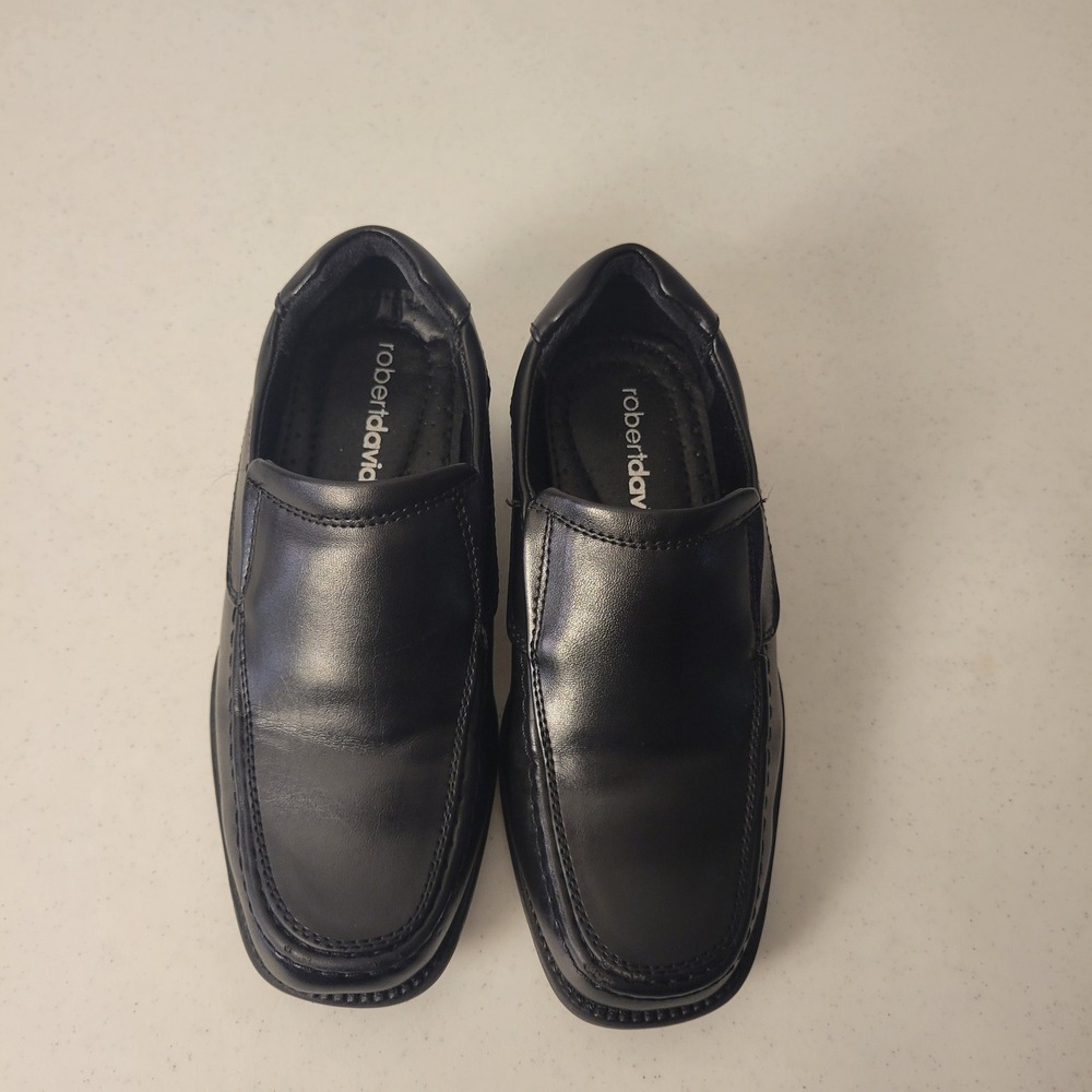Robert David Loafers Kids 12M Black Faux Leather Square Toe Slip On Dress Shoes